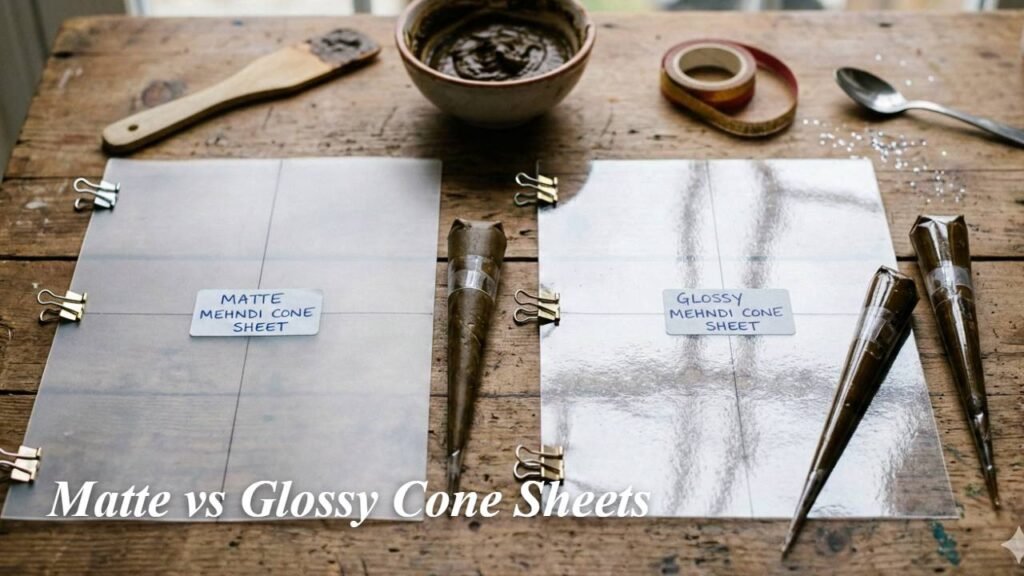 Matte vs Glossy Cone Sheets – Real Comparison for Professional Mehndi Artists 2 Current image: Matte vs Glossy Cone Sheets – Real Comparison for Professional Mehndi Artists